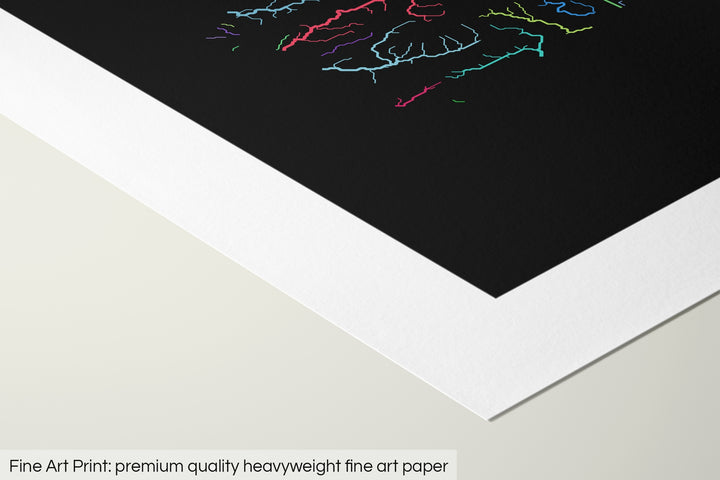 Closeup of a fine art print's corner lying on a flat surface, the details of a Grasshopper Geography map is visible. The text at the bottom reads: Fine art print - premium quality heavyweight fine art paper.