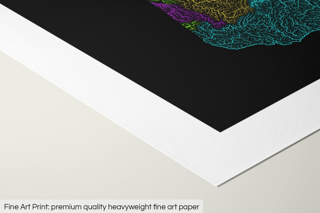 Closeup of a fine art print's corner lying on a flat surface, the details of a Grasshopper Geography map is visible. The text at the bottom reads: Fine art print - premium quality heavyweight fine art paper.