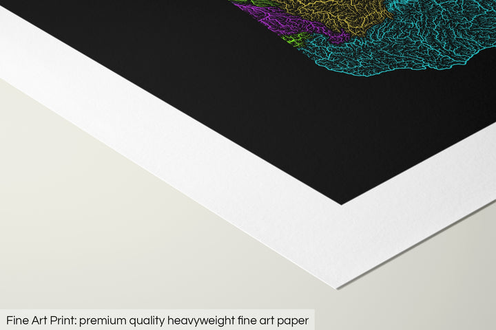 Closeup of a fine art print's corner lying on a flat surface, the details of a Grasshopper Geography map is visible. The text at the bottom reads: Fine art print - premium quality heavyweight fine art paper.