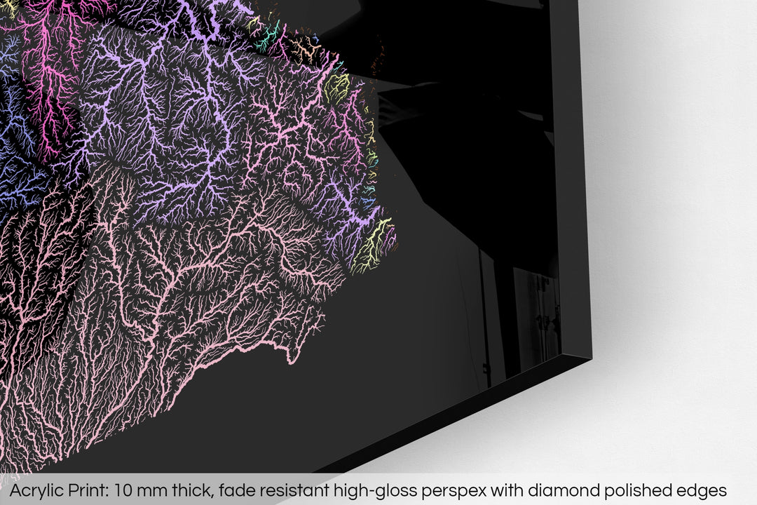Closeup of an acrylic panel's corner, the details of a Grasshopper Geography map is visible. The text at the bottom reads: Acrylic print - 10 mm thick, fade reistant high-gloss perspex with diamond polished edges.