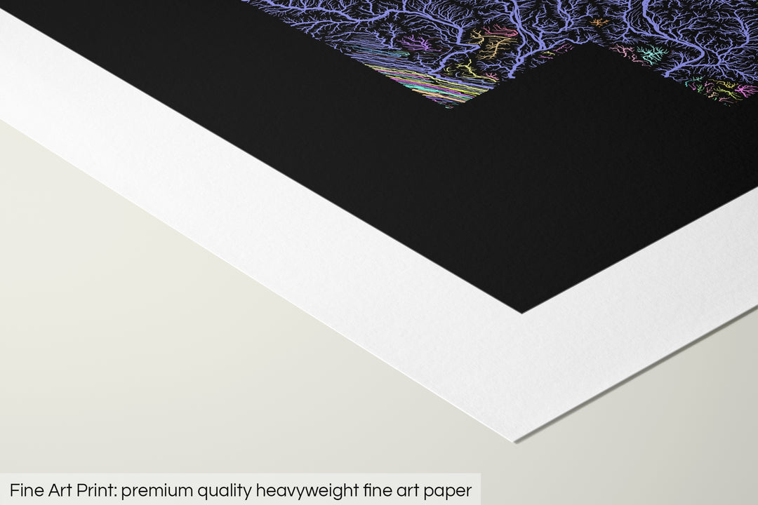 Closeup of a fine art print's corner lying on a flat surface, the details of a Grasshopper Geography map is visible. The text at the bottom reads: Fine art print - premium quality heavyweight fine art paper.