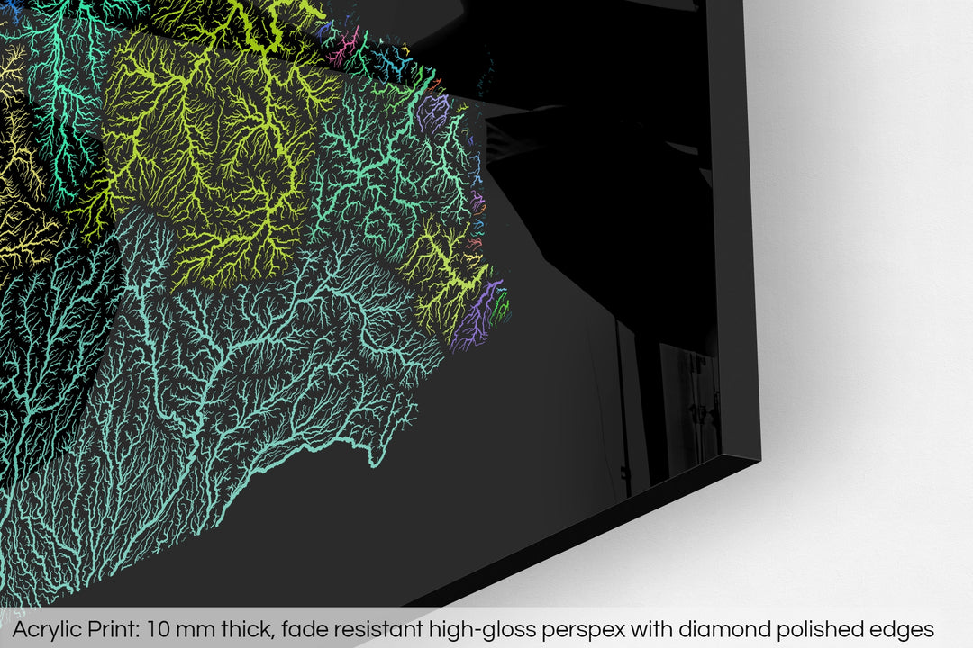 Closeup of an acrylic panel's corner, the details of a Grasshopper Geography map is visible. The text at the bottom reads: Acrylic print - 10 mm thick, fade reistant high-gloss perspex with diamond polished edges.