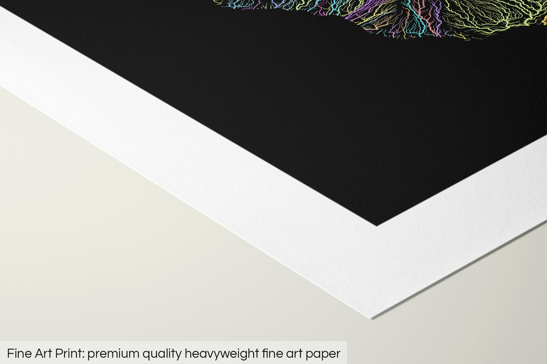 Closeup of a fine art print's corner lying on a flat surface, the details of a Grasshopper Geography map is visible. The text at the bottom reads: Fine art print - premium quality heavyweight fine art paper.