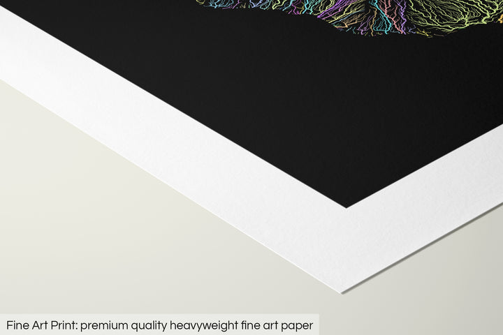 Closeup of a fine art print's corner lying on a flat surface, the details of a Grasshopper Geography map is visible. The text at the bottom reads: Fine art print - premium quality heavyweight fine art paper.