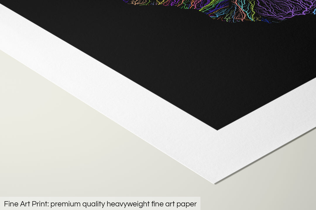 Closeup of a fine art print's corner lying on a flat surface, the details of a Grasshopper Geography map is visible. The text at the bottom reads: Fine art print - premium quality heavyweight fine art paper.