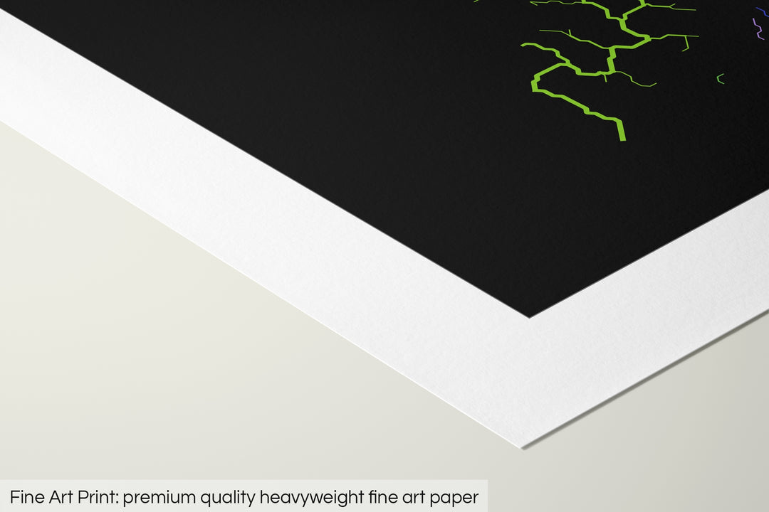 Closeup of a fine art print's corner lying on a flat surface, the details of a Grasshopper Geography map is visible. The text at the bottom reads: Fine art print - premium quality heavyweight fine art paper.