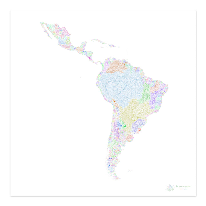 Latin America - River basin map, rainbow on white - Fine Art Print