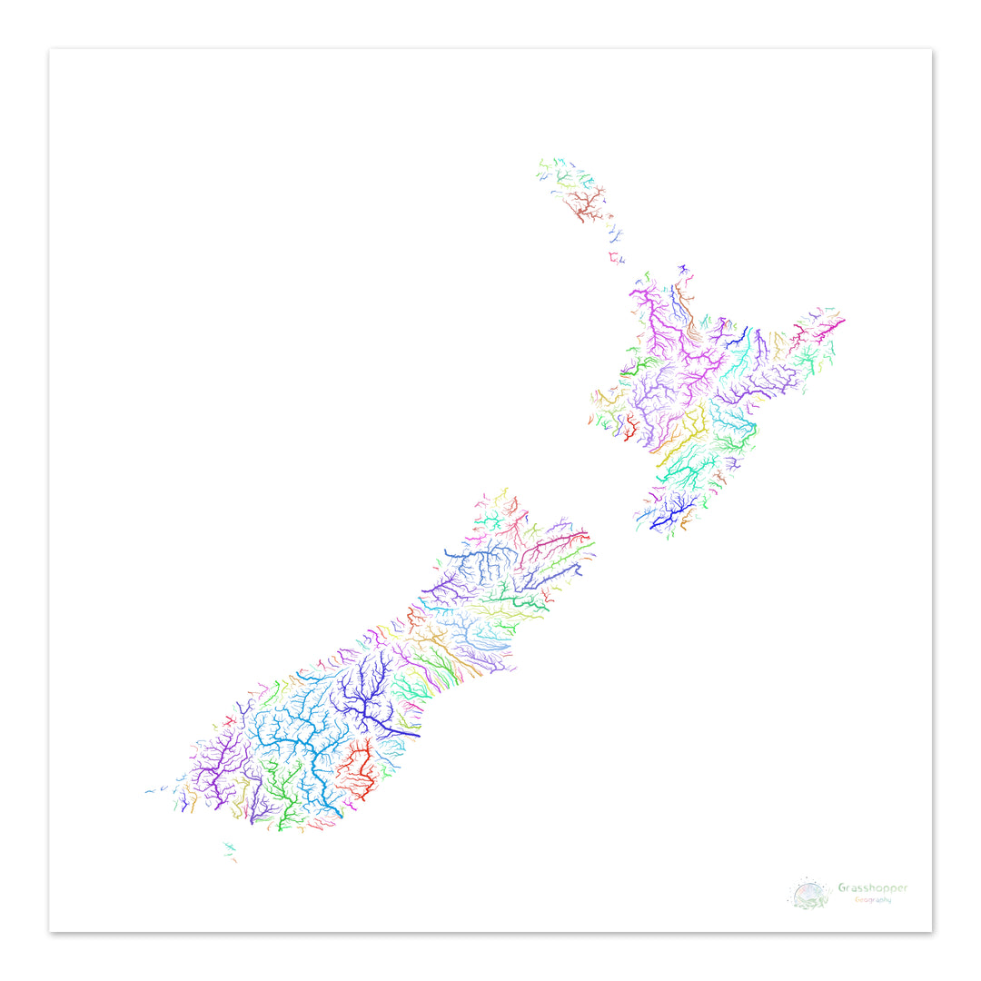 New Zealand - River basin map, rainbow on white - Fine Art Print