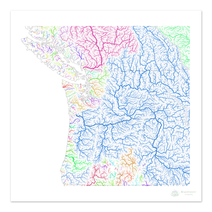 The Pacific Northwest - River basin map, rainbow on white - Fine Art Print