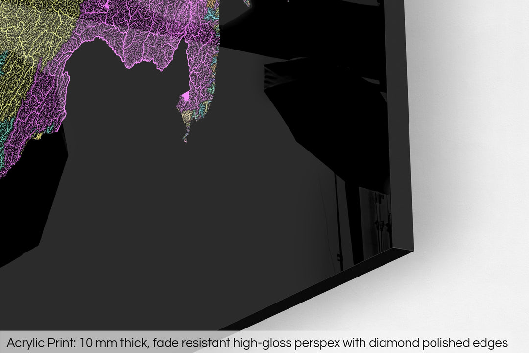 Closeup of an acrylic panel's corner, the details of a Grasshopper Geography map is visible. The text at the bottom reads: Acrylic print - 10 mm thick, fade reistant high-gloss perspex with diamond polished edges.