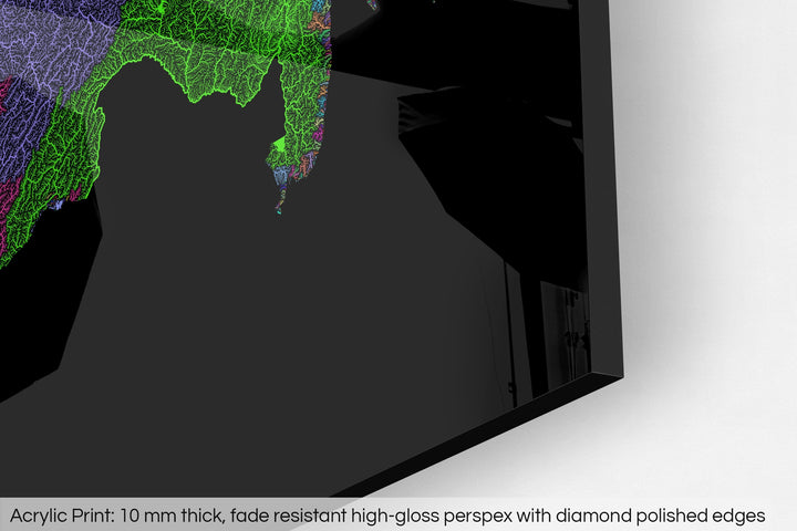 Closeup of an acrylic panel's corner, the details of a Grasshopper Geography map is visible. The text at the bottom reads: Acrylic print - 10 mm thick, fade reistant high-gloss perspex with diamond polished edges.