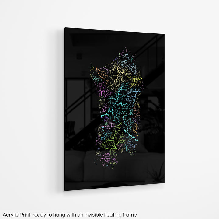 A colourful Grasshopper Geography map hanging on a white wall. The text at the bottom reads: Acrylic print - ready to hang with an invisible floating frame.