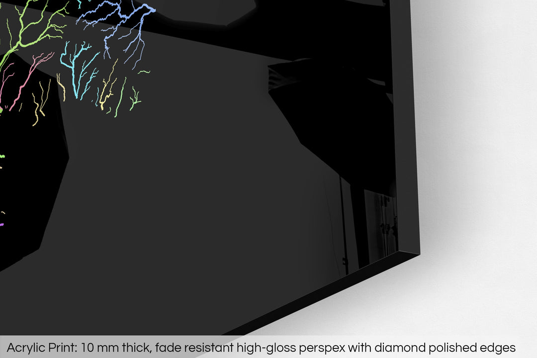 Closeup of an acrylic panel's corner, the details of a Grasshopper Geography map is visible. The text at the bottom reads: Acrylic print - 10 mm thick, fade reistant high-gloss perspex with diamond polished edges.