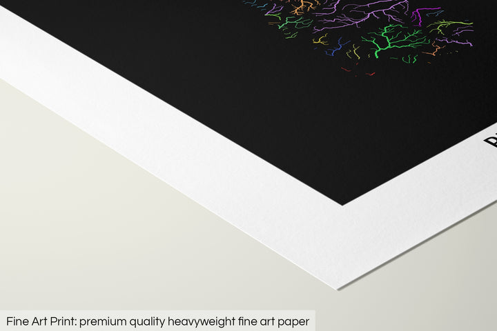 Closeup of a fine art print's corner lying on a flat surface, the details of a Grasshopper Geography map is visible. The text at the bottom reads: Fine art print - premium quality heavyweight fine art paper.