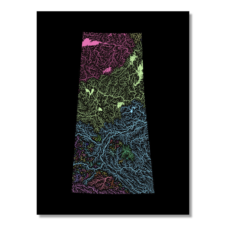 Saskatchewan - River basin map, pastel colours - Wall Art by Grasshopper Geography. Image of a high-resolution map created by geographer Robert Szucs, available as wall art and for licensing.