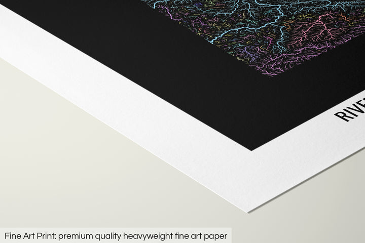 Closeup of a fine art print's corner lying on a flat surface, the details of a Grasshopper Geography map is visible. The text at the bottom reads: Fine art print - premium quality heavyweight fine art paper.