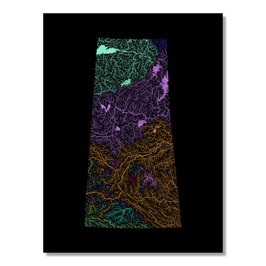 Saskatchewan - River basin map, rainbow colours - Wall Art by Grasshopper Geography. Image of a high-resolution map created by geographer Robert Szucs, available as wall art and for licensing.
