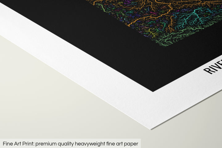 Closeup of a fine art print's corner lying on a flat surface, the details of a Grasshopper Geography map is visible. The text at the bottom reads: Fine art print - premium quality heavyweight fine art paper.