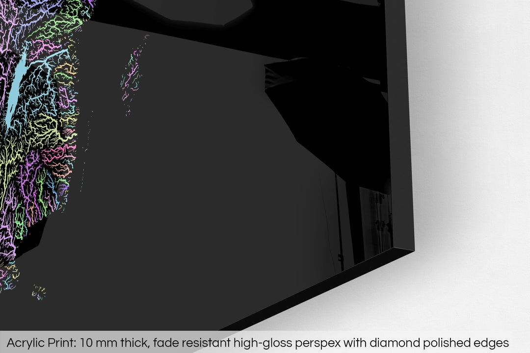 Closeup of an acrylic panel's corner, the details of a Grasshopper Geography map is visible. The text at the bottom reads: Acrylic print - 10 mm thick, fade reistant high-gloss perspex with diamond polished edges.