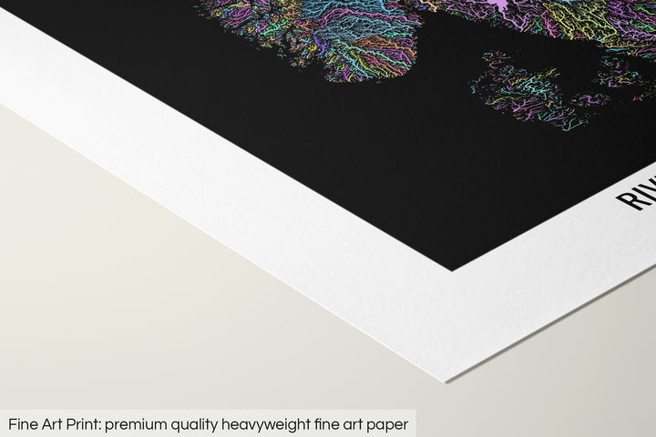 Closeup of a fine art print's corner lying on a flat surface, the details of a Grasshopper Geography map is visible. The text at the bottom reads: Fine art print - premium quality heavyweight fine art paper.