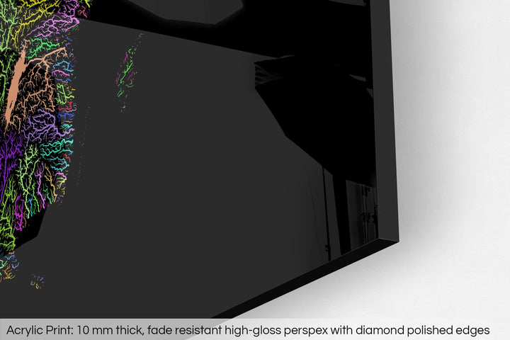 Closeup of an acrylic panel's corner, the details of a Grasshopper Geography map is visible. The text at the bottom reads: Acrylic print - 10 mm thick, fade reistant high-gloss perspex with diamond polished edges.