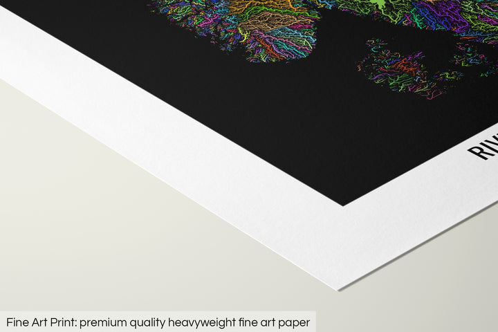 Closeup of a fine art print's corner lying on a flat surface, the details of a Grasshopper Geography map is visible. The text at the bottom reads: Fine art print - premium quality heavyweight fine art paper.