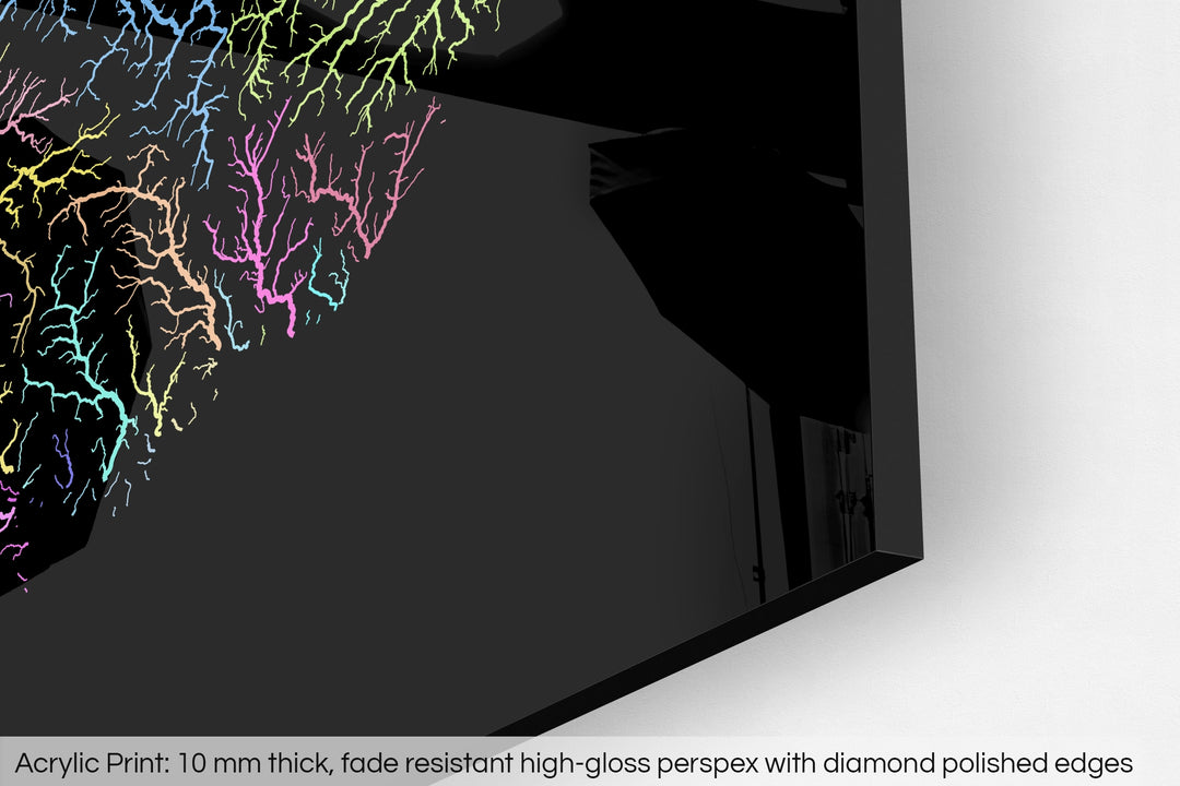 Closeup of an acrylic panel's corner, the details of a Grasshopper Geography map is visible. The text at the bottom reads: Acrylic print - 10 mm thick, fade reistant high-gloss perspex with diamond polished edges.