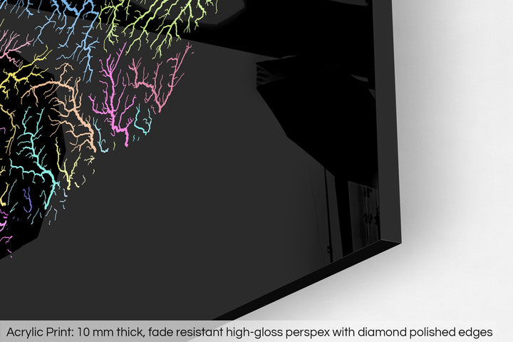 Closeup of an acrylic panel's corner, the details of a Grasshopper Geography map is visible. The text at the bottom reads: Acrylic print - 10 mm thick, fade reistant high-gloss perspex with diamond polished edges.
