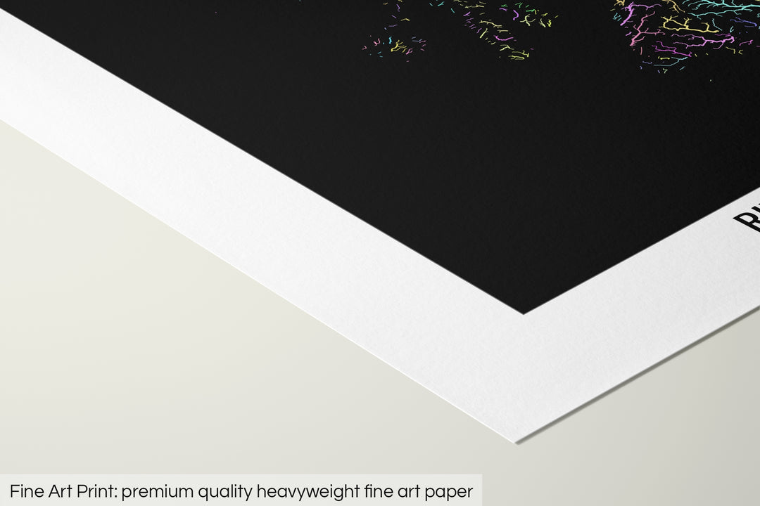 Closeup of a fine art print's corner lying on a flat surface, the details of a Grasshopper Geography map is visible. The text at the bottom reads: Fine art print - premium quality heavyweight fine art paper.