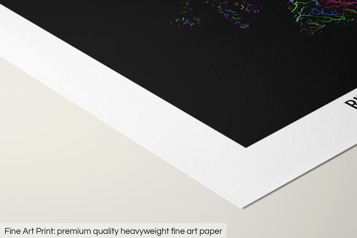 Closeup of a fine art print's corner lying on a flat surface, the details of a Grasshopper Geography map is visible. The text at the bottom reads: Fine art print - premium quality heavyweight fine art paper.