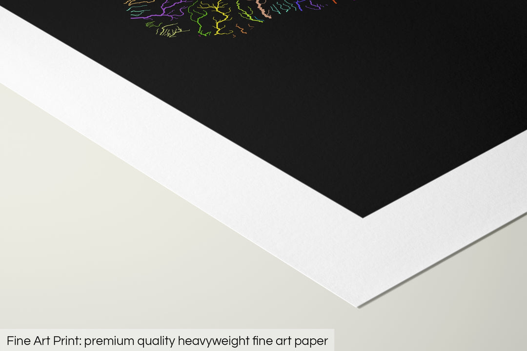 Closeup of a fine art print's corner lying on a flat surface, the details of a Grasshopper Geography map is visible. The text at the bottom reads: Fine art print - premium quality heavyweight fine art paper.