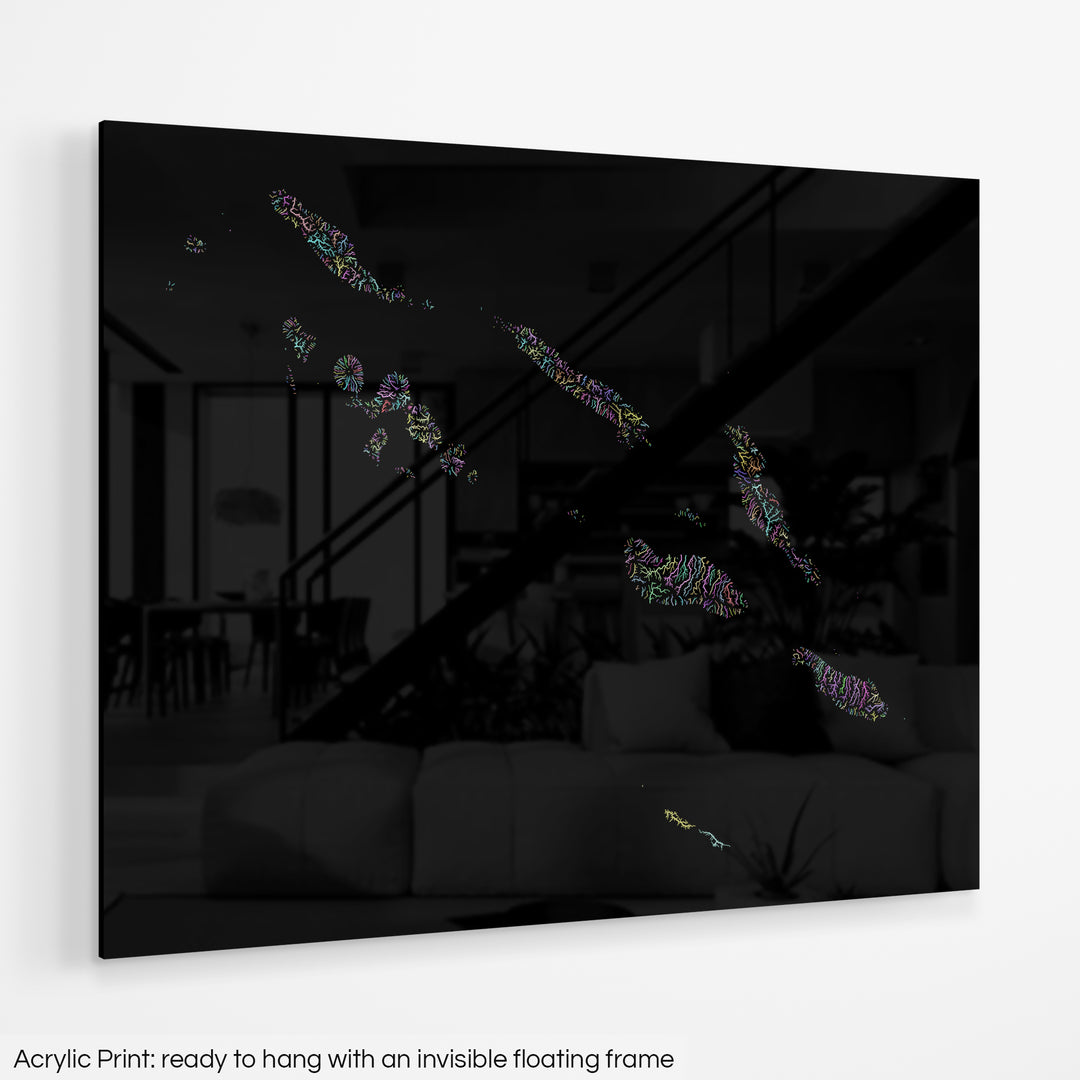 A colourful Grasshopper Geography map hanging on a white wall. The text at the bottom reads: Acrylic print - ready to hang with an invisible floating frame.