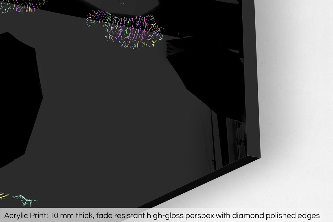 Closeup of an acrylic panel's corner, the details of a Grasshopper Geography map is visible. The text at the bottom reads: Acrylic print - 10 mm thick, fade reistant high-gloss perspex with diamond polished edges.