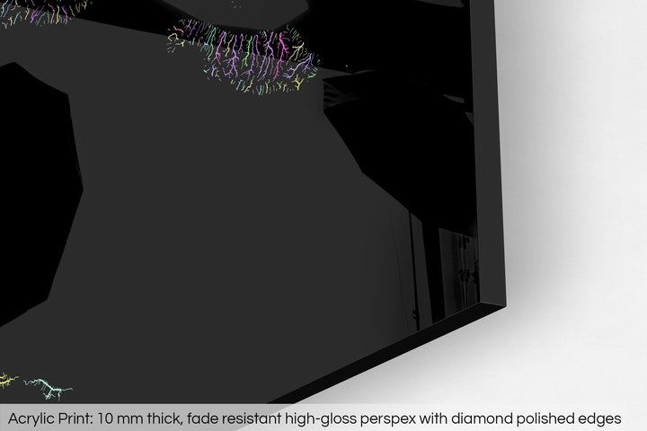 Closeup of an acrylic panel's corner, the details of a Grasshopper Geography map is visible. The text at the bottom reads: Acrylic print - 10 mm thick, fade reistant high-gloss perspex with diamond polished edges.