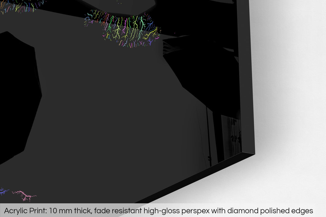 Closeup of an acrylic panel's corner, the details of a Grasshopper Geography map is visible. The text at the bottom reads: Acrylic print - 10 mm thick, fade reistant high-gloss perspex with diamond polished edges.