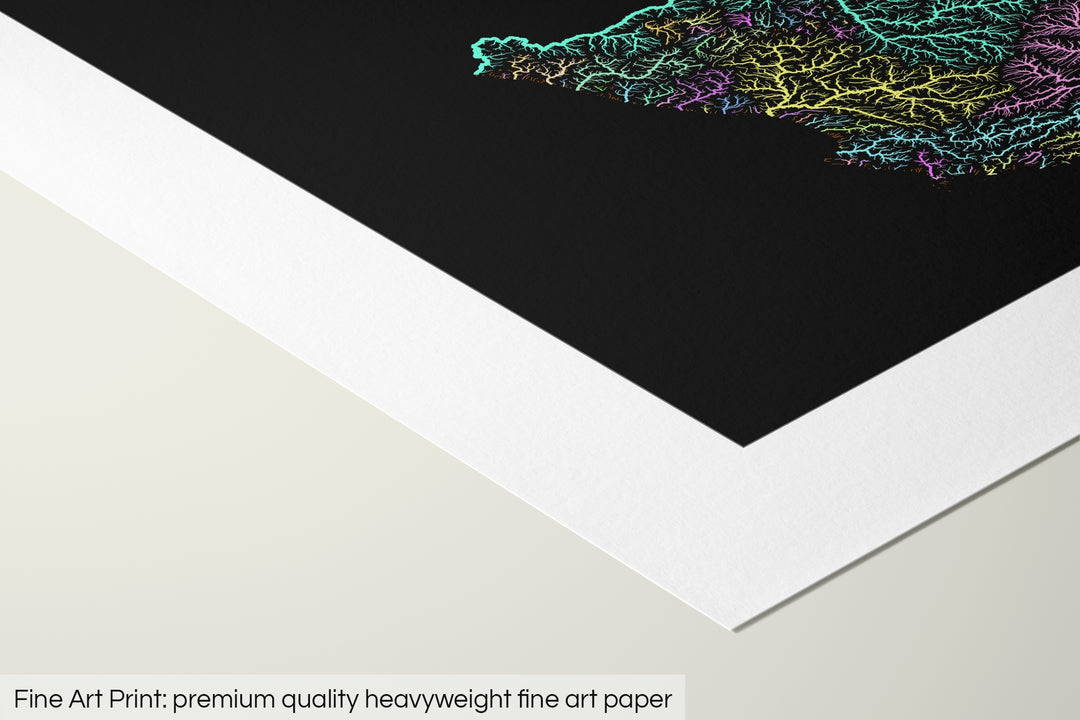 Closeup of a fine art print's corner lying on a flat surface, the details of a Grasshopper Geography map is visible. The text at the bottom reads: Fine art print - premium quality heavyweight fine art paper.