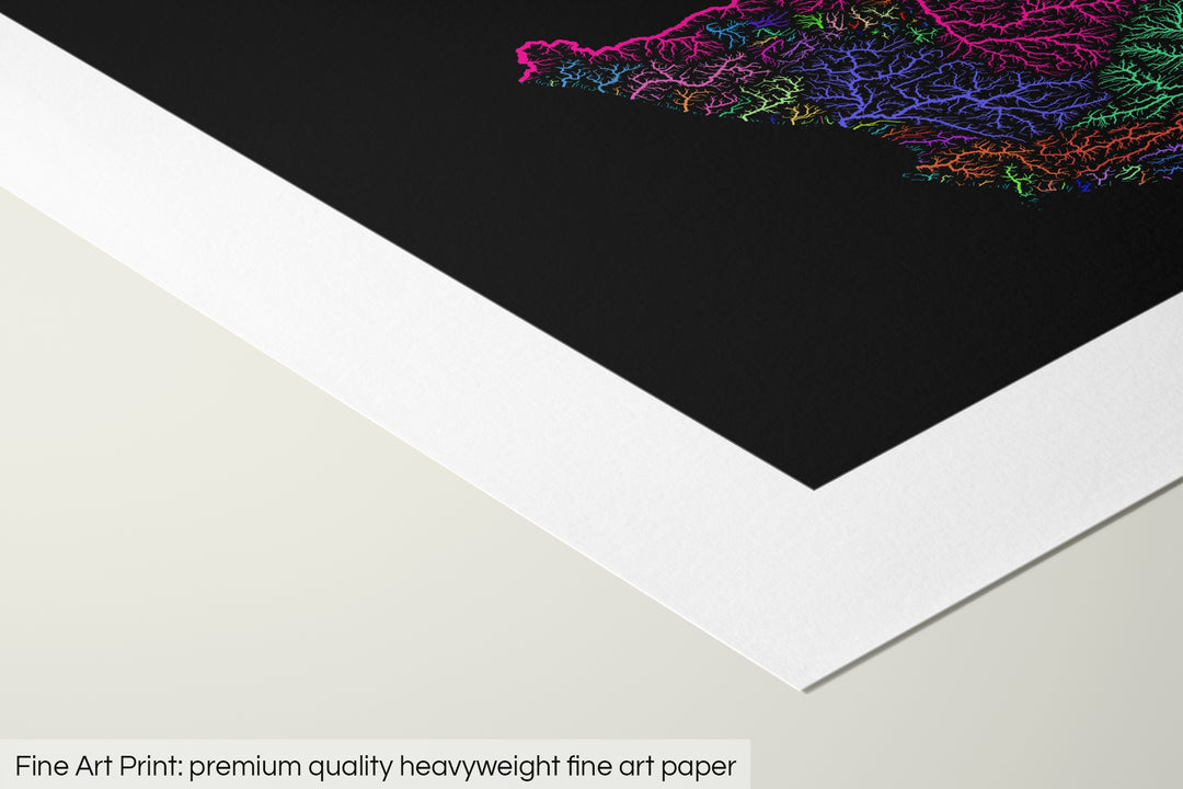 Closeup of a fine art print's corner lying on a flat surface, the details of a Grasshopper Geography map is visible. The text at the bottom reads: Fine art print - premium quality heavyweight fine art paper.