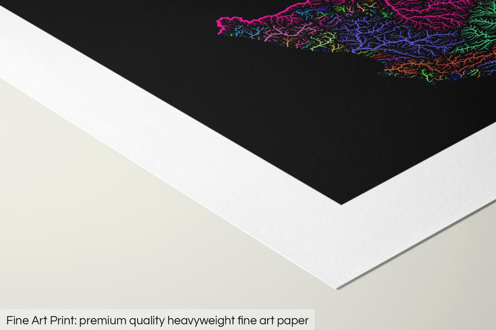 Closeup of a fine art print's corner lying on a flat surface, the details of a Grasshopper Geography map is visible. The text at the bottom reads: Fine art print - premium quality heavyweight fine art paper.
