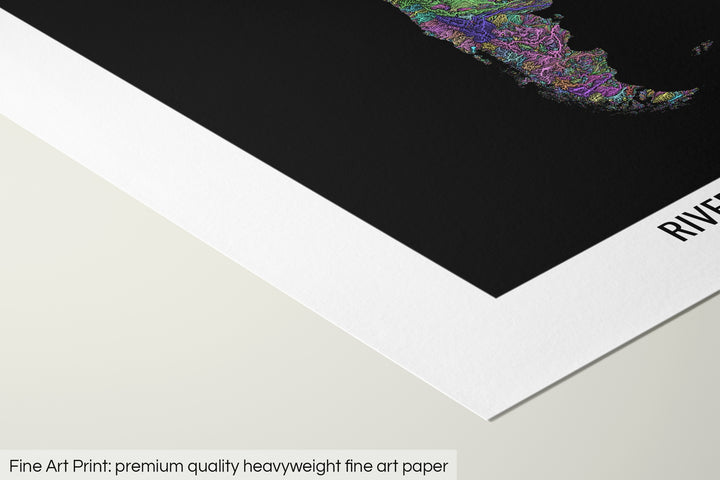 Closeup of a fine art print's corner lying on a flat surface, the details of a Grasshopper Geography map is visible. The text at the bottom reads: Fine art print - premium quality heavyweight fine art paper.