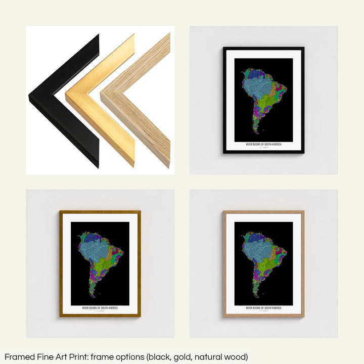 The image shows the different frames available at Grasshopper Geography's map shop: black, golden and natural wood. The image is a collection of four smaller pictures: the first one shows the wooden frames up close, the other three are mockups of the printed map in each frame.
