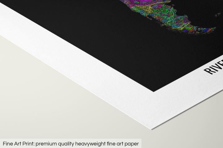 Closeup of a fine art print's corner lying on a flat surface, the details of a Grasshopper Geography map is visible. The text at the bottom reads: Fine art print - premium quality heavyweight fine art paper.