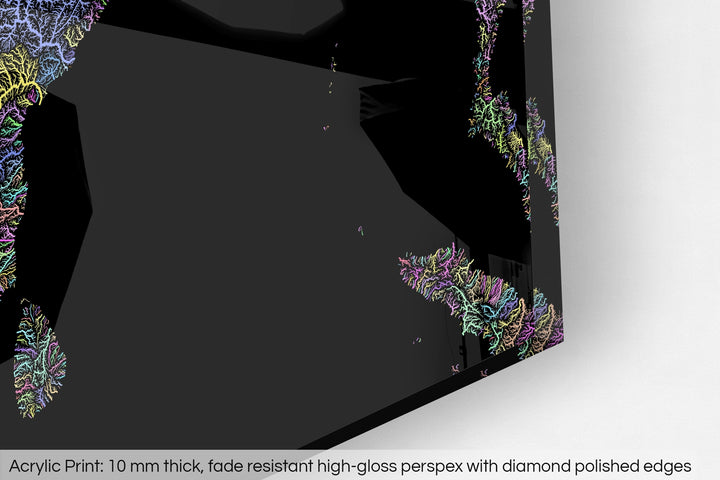 Closeup of an acrylic panel's corner, the details of a Grasshopper Geography map is visible. The text at the bottom reads: Acrylic print - 10 mm thick, fade reistant high-gloss perspex with diamond polished edges.
