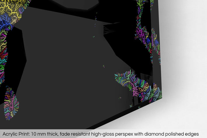 Closeup of an acrylic panel's corner, the details of a Grasshopper Geography map is visible. The text at the bottom reads: Acrylic print - 10 mm thick, fade reistant high-gloss perspex with diamond polished edges.