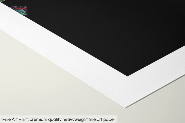 Closeup of a fine art print's corner lying on a flat surface, the details of a Grasshopper Geography map is visible. The text at the bottom reads: Fine art print - premium quality heavyweight fine art paper.