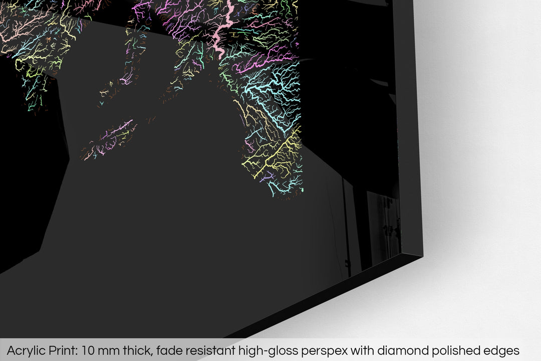 Closeup of an acrylic panel's corner, the details of a Grasshopper Geography map is visible. The text at the bottom reads: Acrylic print - 10 mm thick, fade reistant high-gloss perspex with diamond polished edges.