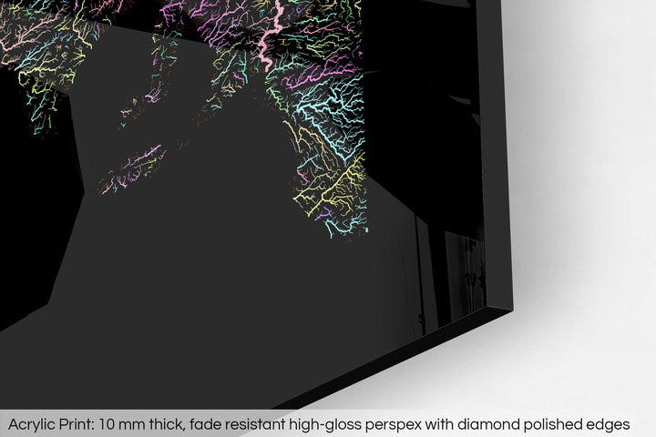 Closeup of an acrylic panel's corner, the details of a Grasshopper Geography map is visible. The text at the bottom reads: Acrylic print - 10 mm thick, fade reistant high-gloss perspex with diamond polished edges.