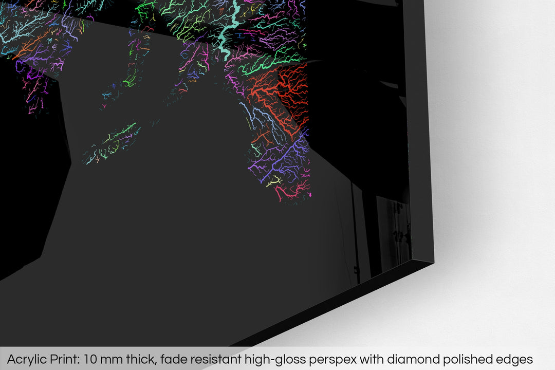 Closeup of an acrylic panel's corner, the details of a Grasshopper Geography map is visible. The text at the bottom reads: Acrylic print - 10 mm thick, fade reistant high-gloss perspex with diamond polished edges.