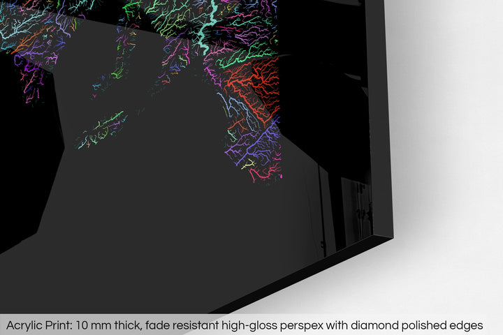 Closeup of an acrylic panel's corner, the details of a Grasshopper Geography map is visible. The text at the bottom reads: Acrylic print - 10 mm thick, fade reistant high-gloss perspex with diamond polished edges.