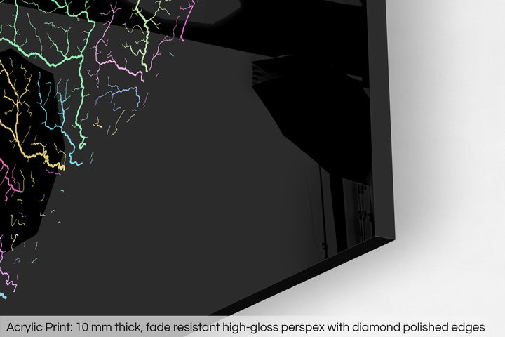 Closeup of an acrylic panel's corner, the details of a Grasshopper Geography map is visible. The text at the bottom reads: Acrylic print - 10 mm thick, fade reistant high-gloss perspex with diamond polished edges.