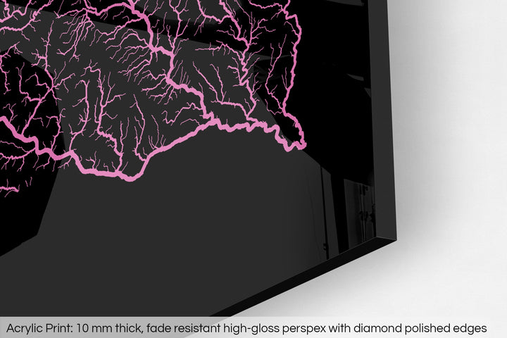 Closeup of an acrylic panel's corner, the details of a Grasshopper Geography map is visible. The text at the bottom reads: Acrylic print - 10 mm thick, fade reistant high-gloss perspex with diamond polished edges.
